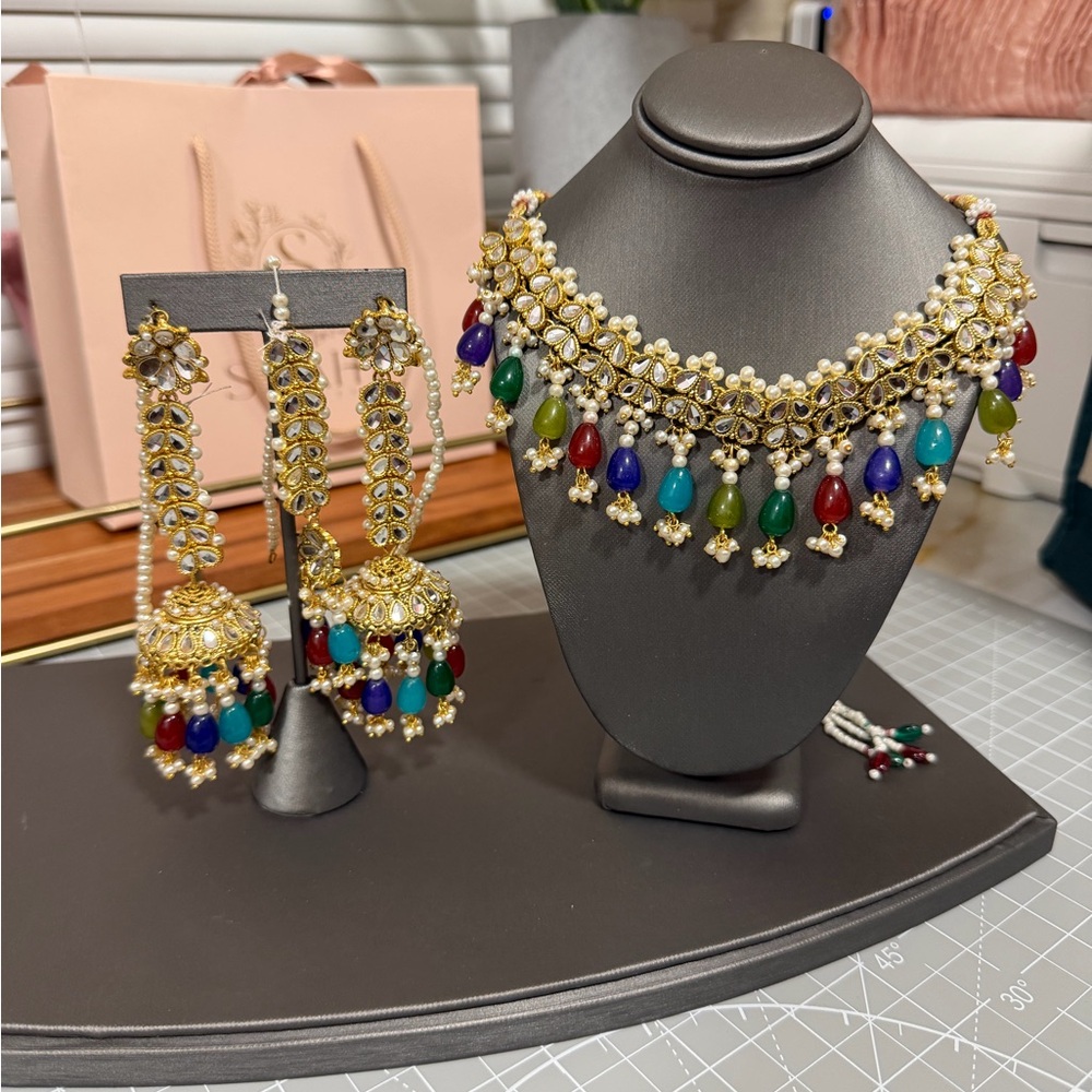 Elegant Pakistani/Indian Multicolor Choker Necklace and Earring Set